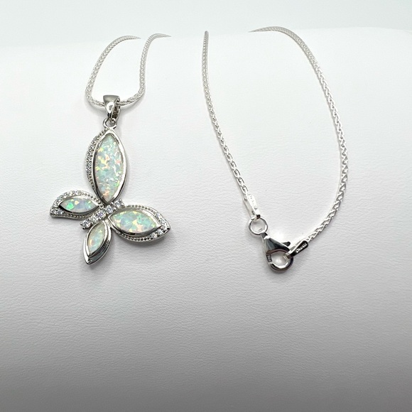 .925 Sterling Silver Lab Created Opal & Cz Butterfly Necklace - Picture 17 of 17